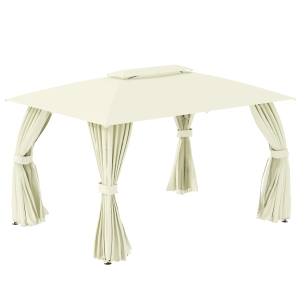 Outsunny Pérgola de Jardim 3.95x2.95 Pérgola de Exterior com Teto Duplo 4 Cortinas Laterais 4 Telas Mosquiteiras com Zíper e Estrutura de Aço para Festas Eventos Bege