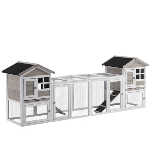PawHut Conigliera in Legno da Esterno con 2 Casette, Area Aperta Recintata e Rampe, 259x64x92cm, Grigio