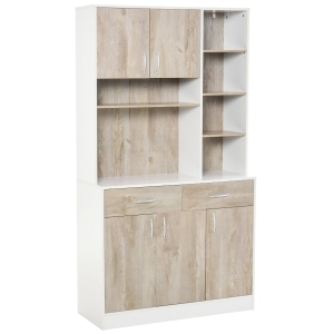 HOMCOM keukenkast met 4 verstelbare schappen open vakken magnetronschap hoge kast met lage opbergkast en 2 schuiflades commode spaanplaat metaal naturel hout + wit 100 x 39 x 180 cm