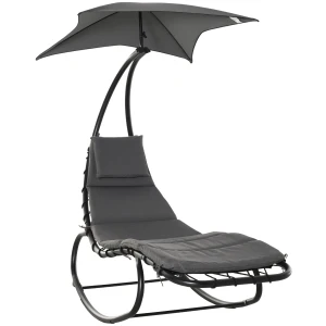 Outsunny Rocking Chaise Lounge with Canopy, Cushioned Bed & Headrest Pillow for Patio Comfort, Beige