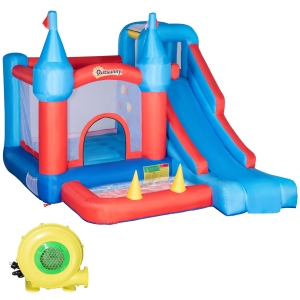 Outsunny Castelo Insuflável com Escorrega Trampolim Piscina e Pistola de Água para Crianças acima de 3 Anos com Inflador e Bolsa de Transporte para Interior e Exterior 333x280x210cm Multicor