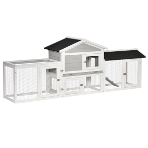 PawHut konijnenhok hok voor kleine huisdieren 1 ren aan weerszijden van het hoofdverblijf met kooi met asfaltdak konijnenren loopplank afsluitbare deuren vurenhout metaal grijs + wit + zwart 227 x 53 x 85 cm