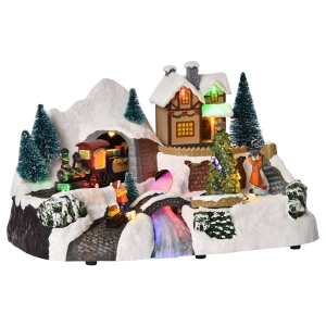 HOMCOM kerstdorp kerstdecoratie met LED licht muziek skiër op batterijen kerstverlichting kerst knutselen PP kunststof LED glasvezel veelkleurig 30 x 19 x 19,5 cm