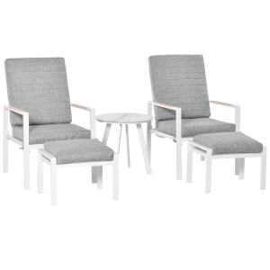Outsunny 5-delige tuinmeubelset met rugkussens zitkussens balkonmeubel met 3-traps verstelbare rugleuning gehard glas aluminium stof schuimstof grenenhout grijs + wit 61 x 82 x 90 cm