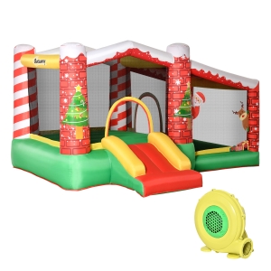 Outsunny kerstmis opblaasbaar springkasteel met waterbassin trampoline kleine glijbaan voor 3 kinderen springkasteel met blazer voor 3-8 jaar kleuterschool Oxford stof polyester rood + groen 325 x 270 x 175 cm