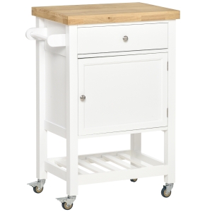 HOMCOM keukenwagen keukenwagen serveerwagen met 1 lade, gesloten kast, plank en handdoekhouder 4 zwenkwielen MDF rubber hout wit + eiken 63,5 x 40 x 90 cm
