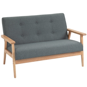 HOMCOM Doppelsofa Leinen Kautschukholz Grau 115 cm x 66,5 cm x 73 cm