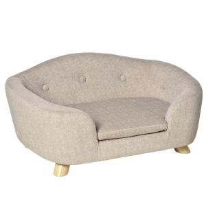 PawHut hondenbank hondenmat hondenmand hondenbank hondenbank kattenbank met kussen achterzak pluche schuim grenen hout beige + lichtgrijs 70 x 47 x 30 cm