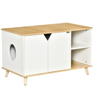 PawHut kattentoilet kattenbak kattenhuis kattenkast voor kattenbed met deuropening PB paneel grenenhout eiken + wit 100 x 55 x 60 cm