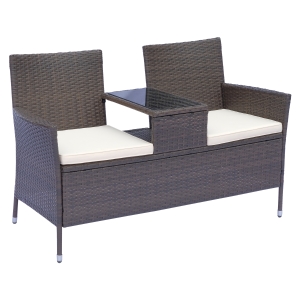 Outsunny Polyrattan Gartenbank Gartensofa Sitzbank mit Tisch 2-Sitzer Stahl Braun B133 x T63 x H84cm