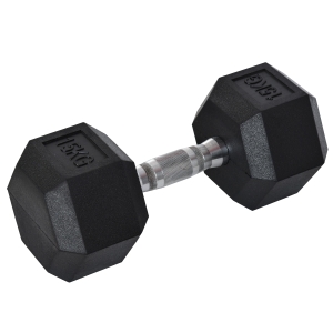 HOMCOM hexagon dumbbell gietijzeren dumbbell rubberen dumbbell handvat gekartelde gewichten metaal rubber zwart 1 x 15 KG