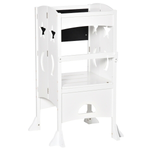 HOMCOM Torre de Aprendizagem para Crianças 3-6 anos de Madeira Torre de Aprendizagem Infantil Dobrável com Ardósia e Barra de Segurança para Casa de Banho Cozinha 56,5x56,5x94cm Branco