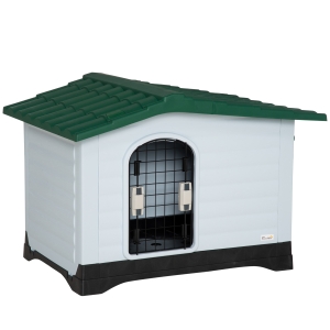 PawHut Casetta Cuccia per Cani da Esterno in Plastica con Cancello Reversibile e Finestra, 91x69x66cm, Bianco Verde