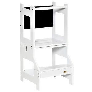 HOMCOM Torre de Aprendizagem para Crianças 3-6 Anos de Madeira Torre de Aprendizagem Infantil Convertível em Secretária com Ardósia e Barra de Segurança para Casa de Banho Cozinha 42x44x86cm Branco