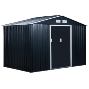 Outsunny 9 x 6FT Metal Shed Roofed Garden Shed Outdoor Storage Shed with Foundation Ventilation & Doors, Dark Grey