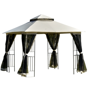 Outsunny Gartenpavillon mit Doppeldach und Eckregalen, Beige, 3 x 3 m