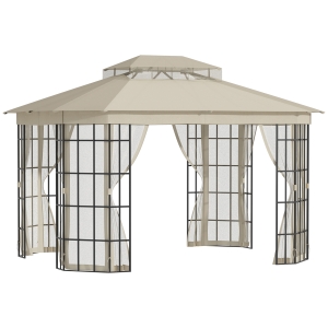 Outsunny 3.7 x 3(m) Patio Gazebo Canopy Garden Tent Shelter with 2 Tiers Roof and Mosquito Netting, Metal Frame, Beige