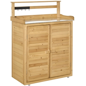 Outsunny Wooden Potting Bench 3-Tier Storage Cabinet Work Station Table Lockable Organizer with Magnetic Latch Hooks Foot Pads 34.25" x 17.75" x 47.25" Brown