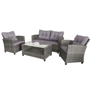 Outsunny 4 PCS Outdoor Patio Furniture Sets All Weather PE Rattan Chair set Indoor Outdoor Backyard Garden Coffee Table with Cushions Grey