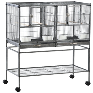 PawHut Doble Jaula Individual para Pájaros Pequeños Jaula Grande para Aves con 4 Ruedas Bandejas Múltiples Puertas 4 Comederos 4 Perchas 95x45,5x102cm
