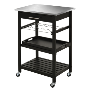 Desserte de cuisine multi-rangements plateau acier inox. MDF pin noir