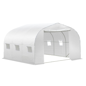 Outsunny Serre Tunnel de Jardin dim. 3,5L x 3l x 2H m Porte + 6 fenêtres enroulables Acier galvanisé bâche PE Haute densité Blanc