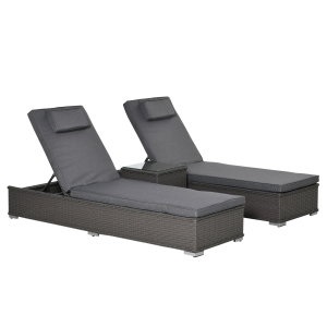 Outsunny 2 Seater Rattan Sun Lounger Garden Outdoor Wicker Recliner Bed Side Table - Grey