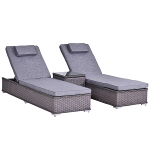 Outsunny PE Rattan 2-Seater Outdoor Garden Sun Lounger Set w/ Side Table Grey