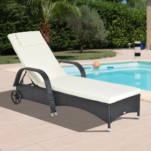 Outsunny Sezlong Scaun Rabatabil in PE Rattan cu Saltea Captusita si Roti Negru