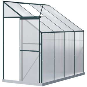 Outsunny Walk-In Lean to Greenhouse Garden Heavy Duty Aluminium Polycarbonate with Roof Vent for Plants Herbs Vegetables, Green, 253 x 127 x 220 cm