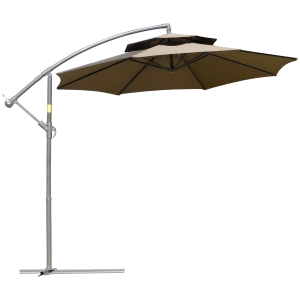 Outsunny Parasol déporté octogonal double toit inclinable manivelle avec pied en croix acier polyester Ø 2,67 x 2,65H m marron