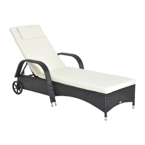 Outsunny Adjustable Garden Rattan Furniture Single Sun Lounger with Fire Retardant Cushion, 200Lx73Wx56-103H cm-Black