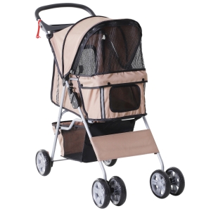 PawHut Cochecito Plegable Mascotas Carrito para Perros Gatos con Cuatro Ruedas Cesta de Almacenaje Ventanas y Portavasos Tela Oxford Marco de Acero 75x45x97 cm Café