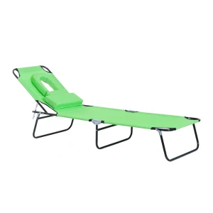 Outsunny Foldable Sun Lounger, Reclining Chair with Pillow and Reading Hole, Garden Beach Outdoor Recliner, Adjustable, Green