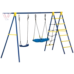 Outsunny Schaukelgerüst für Kinder zum Schaukeln und Klettern Blau+Gelb 285 x 138 x 175 cm