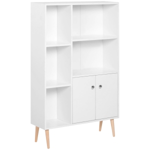 Homcom Bibliothèque scandinave dim. 80L x 23,5l x 124H cm 5 niches placard 2 portes pieds effilés inclinés bois massif panneaux particules blanc