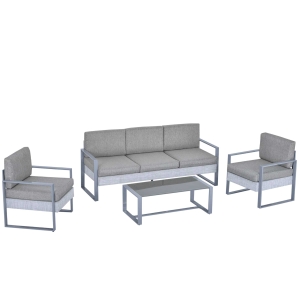 Outsunny Set 4 Pezzi Mobili da Giardino con Divano 3 Posti, 2 Poltrone con Cuscini e Tavolino in Alluminio e Vetro Grigio