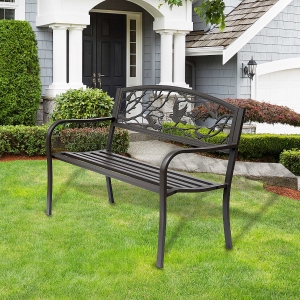 Outsunny Banca de Exterior din Fonta cu Spatar cu Decoratiuni 127x60cm Maro