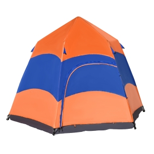 Outsunny Quick-Up-Zelt Doppelwandzelt Outdoor Familienzelt Pop-Up für 4–6 Personen 4 Jahreszeiten wasserdicht mit Tragetasche Moskitonetz 2 Türen Polyester + Glasfaser Orange + Blau 280 x 280 x 170 cm