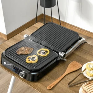 HOMCOM Health Grill & Panini Press, 2100W Electric Non-stick Grill with 180Â° Flat Open, Drip Tray, Removable Plate, Spatula and 8 Automatic Settings