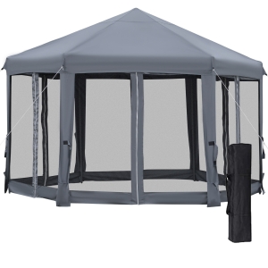 Outsunny 3.2m Pop Up Gazebo Hexagonal Canopy Tent Outdoor Mesh Sidewalls Bag Dark Grey