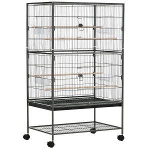 PawHut Gabbia per Uccelli da Interni in Legno con Vassoio, 4 Ruote e Trespolo, 78x52x132cm