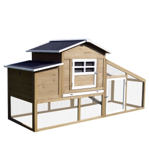 PawHut Gallinero de Madera Exterior Jaula para 2-4 Gallinas con Corral de Alambre Techo Asfáltico Nido Bandeja Extraíble Rampa y Zona Abierta 200x80x105 cm Gris y Madera Natural