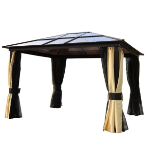 Pavillon de jardin tonnelle rigide dim. 3,6L x 3l x 2,65H m alu polycarbonate noir marron