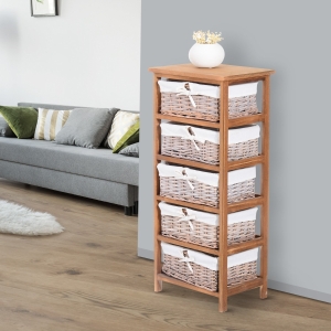 HOMCOM 5 Drawer Dresser Wicker Basket Storage Shelf Unit Wooden Frame Home Organisation Cabinet Bedroom Office Furniture Natural Finish