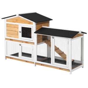 PawHut Coelheira de Madeira Exterior Gaiola para Coelhos de 2 Níveis com Teto Asfáltico 2 Cercados de Metal Bandeja Removível 3 Portas e Rampa 157,4x53x93,5cm Natural