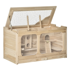 PawHut Kleintierkäfig mit Rampe Massivholz Natur 78 cm x 40 cm x 44 cm