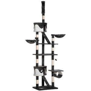 Pawhut 60L x 45W x 240-260H cm Cat Tree Kitten Condo Fun House Adjustable – Grey & White