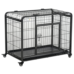 PawHut Jaula de Metal para Perros Plegable con Ruedas y Frenos Bandeja Extraíble y Puerta con Pestillos para Golden Retriver Labrador 125x76x81 cm Gris Oscuro