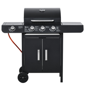 Outsunny gasgrill BBQ-grillwagen met 3 branders 1 zijbrander drukverminderaar slangen kast multifunctioneel metaal zwart 110 x 50 x 100 cm
